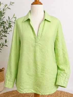 Madison Mathews Linen Blouse Spring Green Tunic V Neck Resort wear Top Sz M